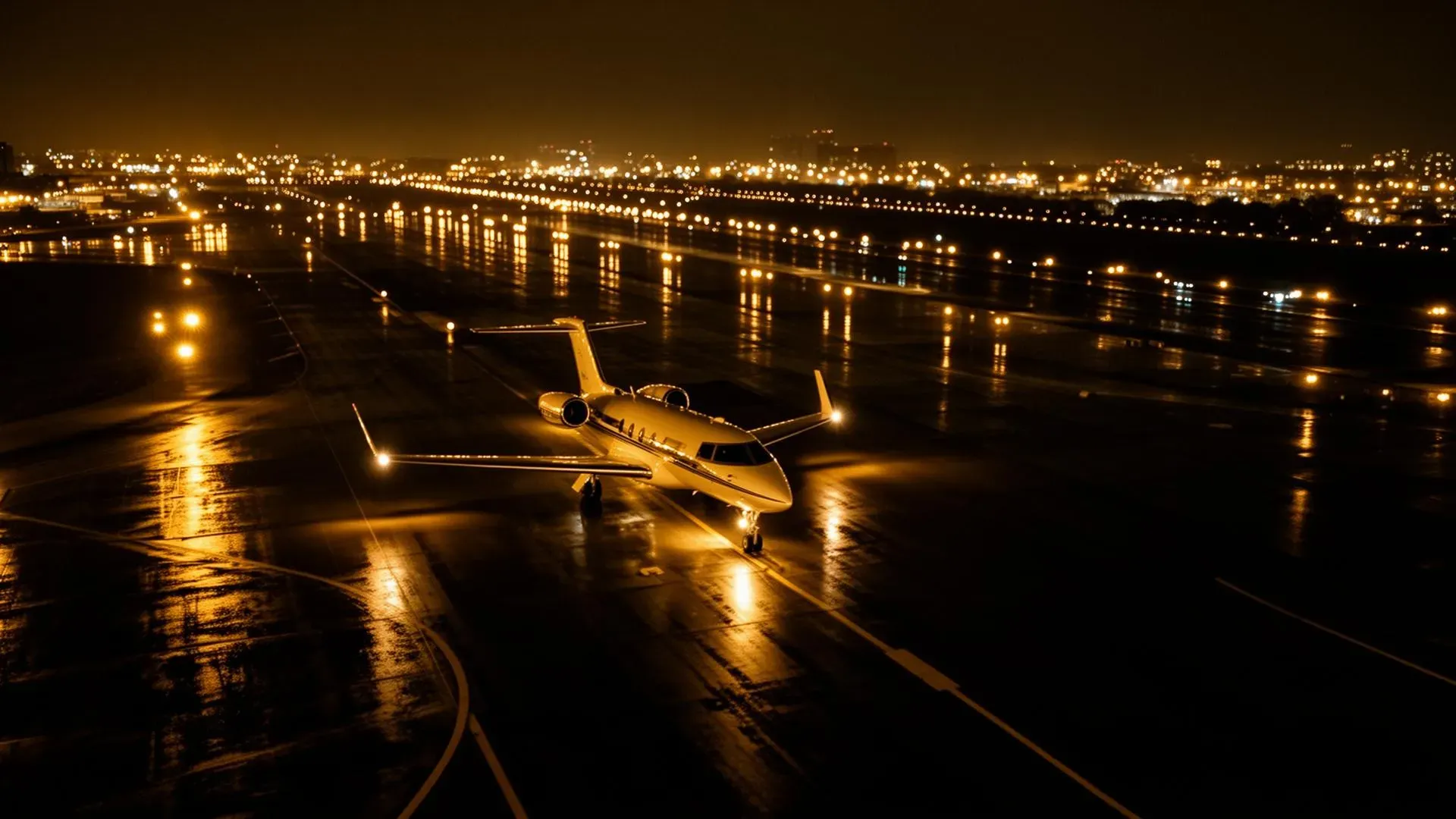 Private jet on airport runway at night