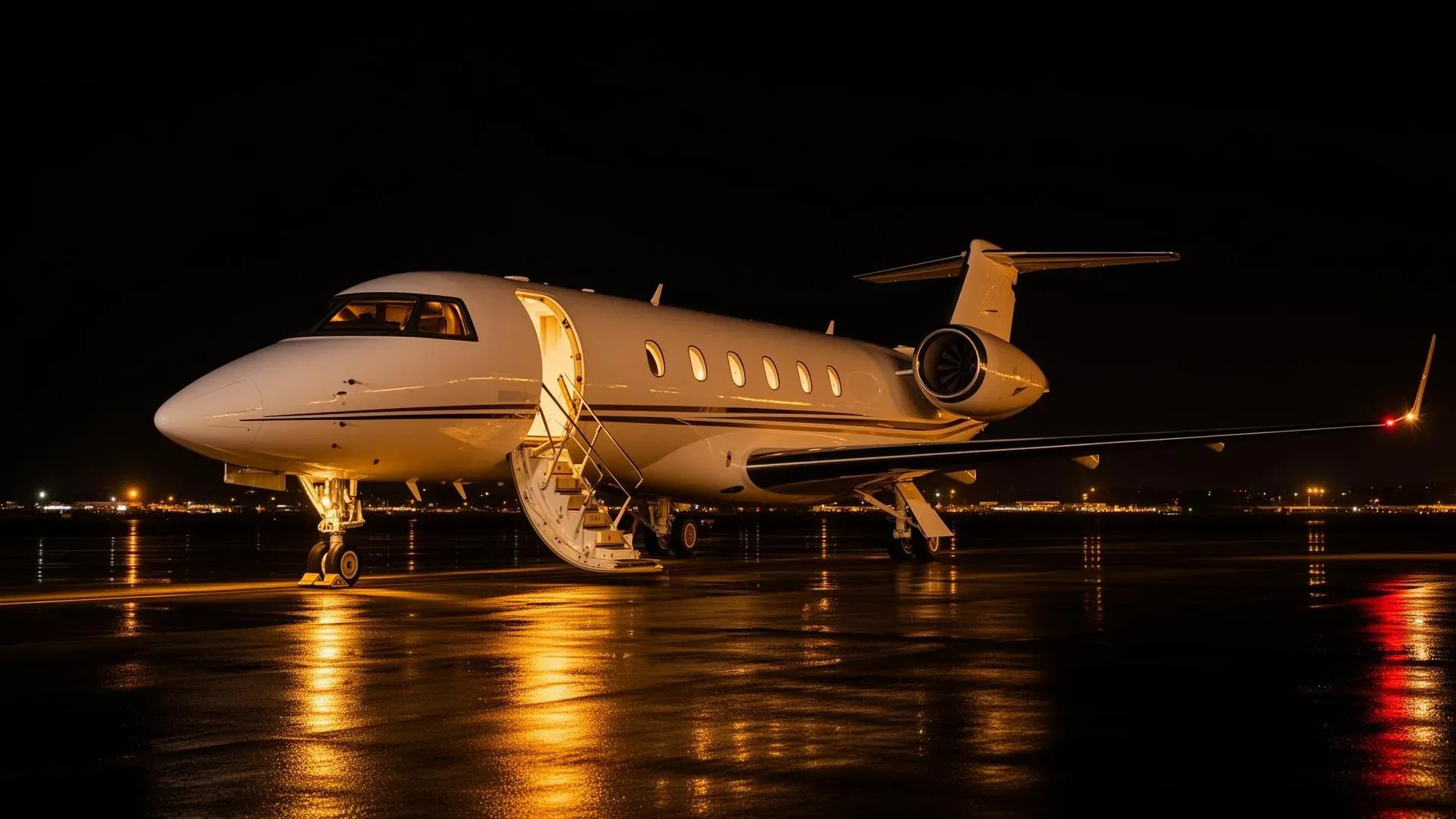 Private jet on tarmac at night